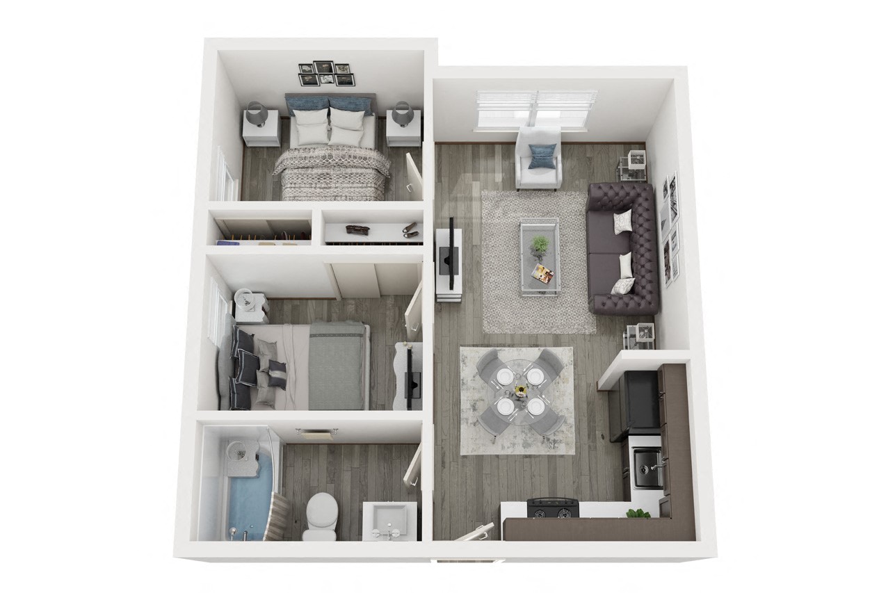 Floor plan for 2 beds, 1 bath, 496 sqft